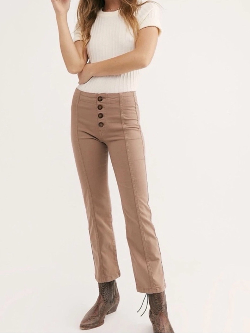 Free People NWOT Sierra Button Closure Cropped Mocha Kick Flare Pants, Size 4